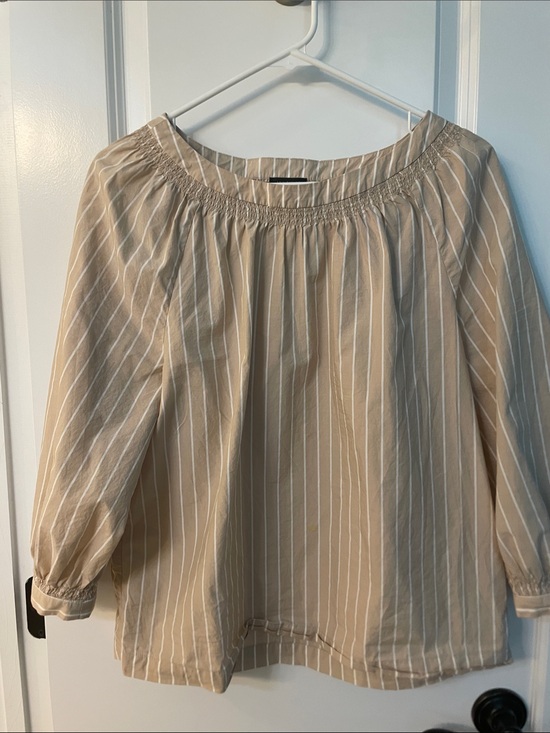 Ann Taylor Tops - Ann Taylor Beige and White Striped Off-Shoulder Top